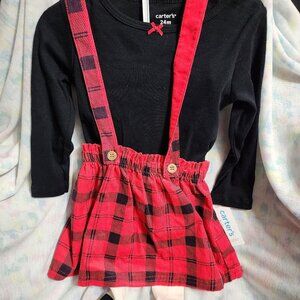 Carters 3 Piece Winter Black Long Sleeve with Red Overall Skirt, Tights Size 24m